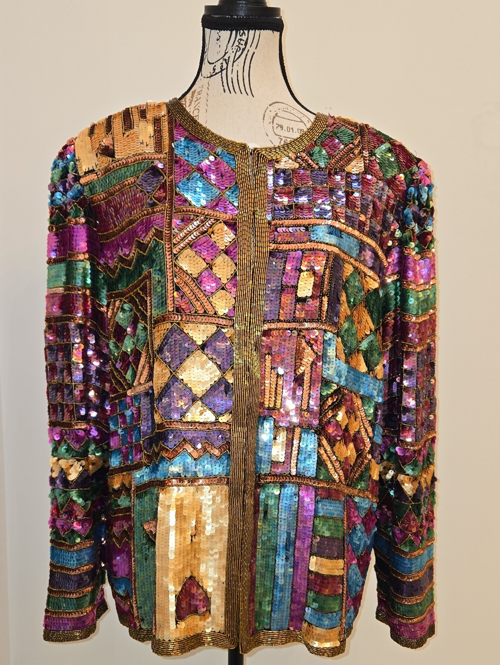 Laurence Kazar Multicolor Sequined Jacket with Gold Trim